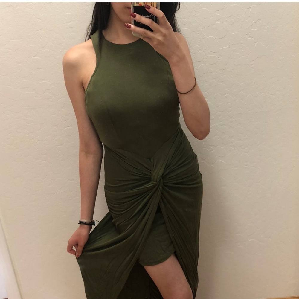 olive green wrap halter dress